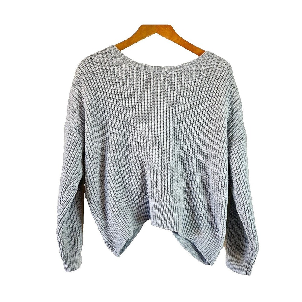 hippie rose sterling blue twist back laceup chunky knit boho sweater size m cozy - Picture 2 of 7